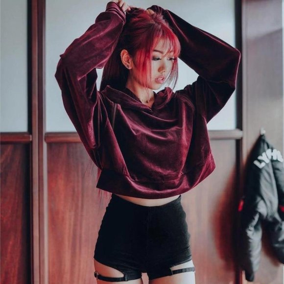 Lychee the Label Red Velvet Open Back Crop Hoodie - Picture 2 of 2